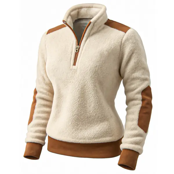 Women's Vintage Beige Brown Suede Quarter-Zip Stand Collar Long-Sleeve Sweatshirt - Upgradecool.com 
