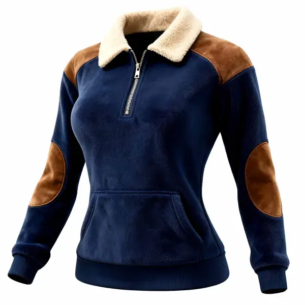 Women's Vintage Navy Blue Fleece Pocket Quarter Zip Fleece Lapel Sweatshirt - Upgradecool.com 