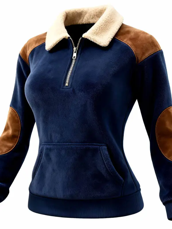 Women's Vintage Navy Blue Fleece Pocket Quarter Zip Fleece Lapel Sweatshirt - Wantbright.com 