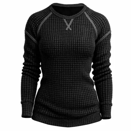 Women's Vintage Black Waffle Knit Crewneck Long Sleeve Sweatshirt