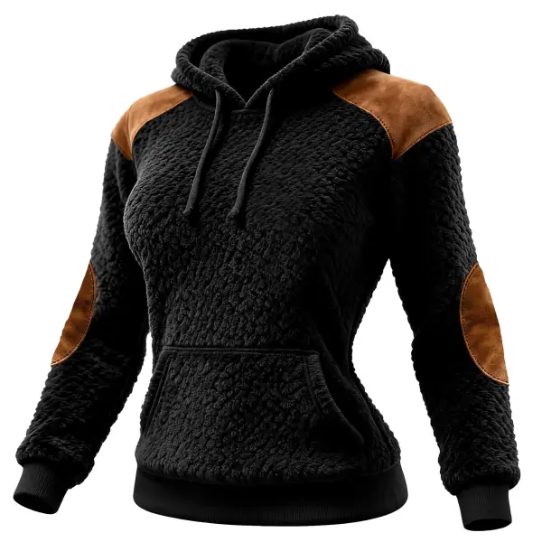 Women's Vintage Black Polar Fleece Panel Suede Pocket Hoodie - Upgradecool.com 