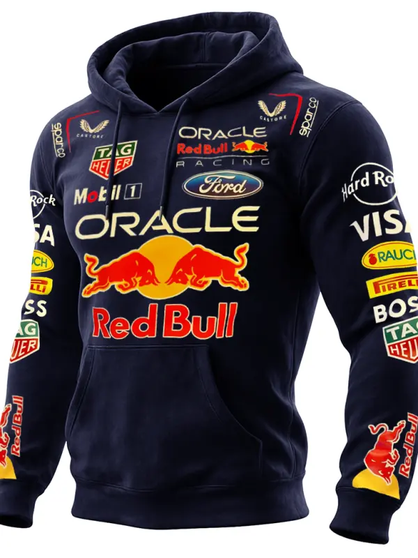 Men's Retro Racing Print Blue Oversized Hoodie - Simplyion.com 