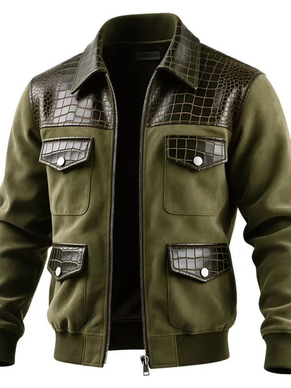 Men's Vintage Military Green Crocodile Texture Leather Jacket With Zipper Closure - Simplyion.com 