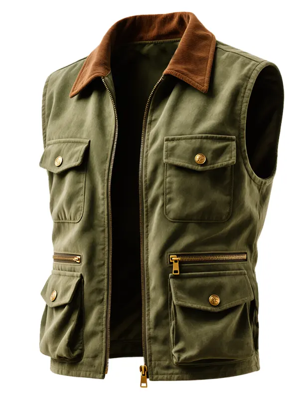 Men's Vintage Military Green Utility Vest With Corduroy Collar - Simplyion.com 