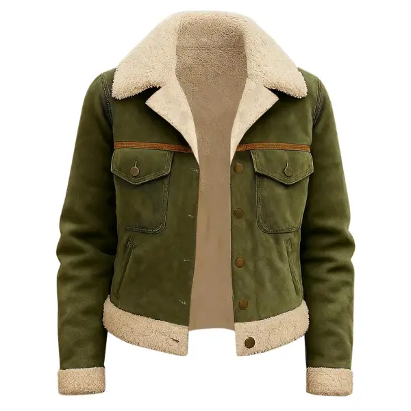 Women's Vintage Olive Green Suede Fleece Sherpa-Lined Jacket - Upgradecool.com 