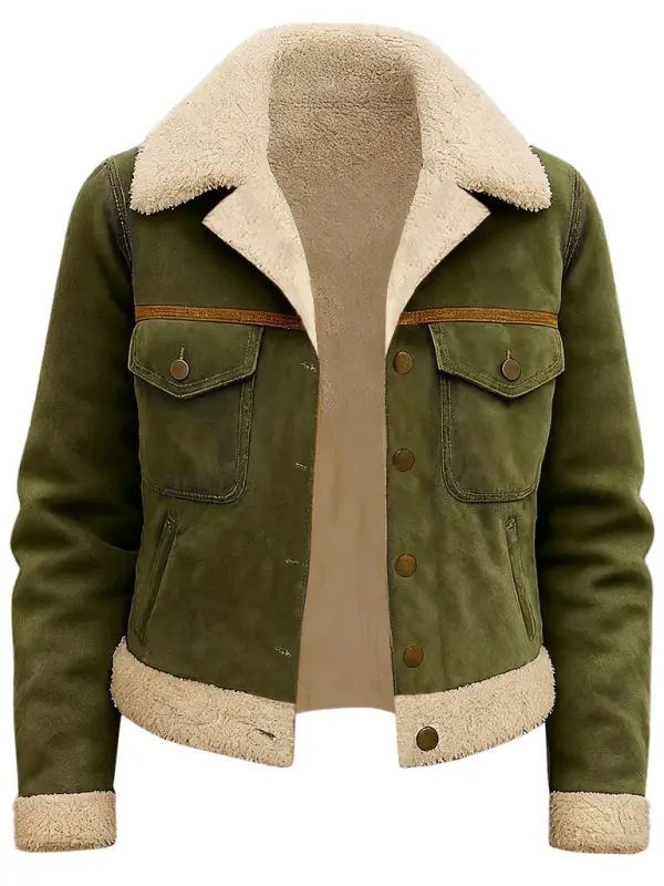 Women's Vintage Olive Green Suede Fleece Sherpa-Lined Jacket - Simplyion.com 