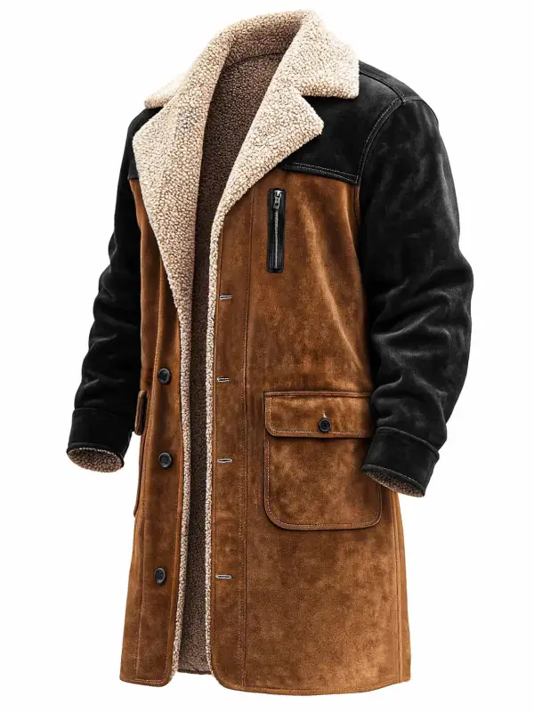 Men's Vintage Zipper Pocket Black And Brown Suede Fur Jacket Shearling Coat - Simplyion.com 