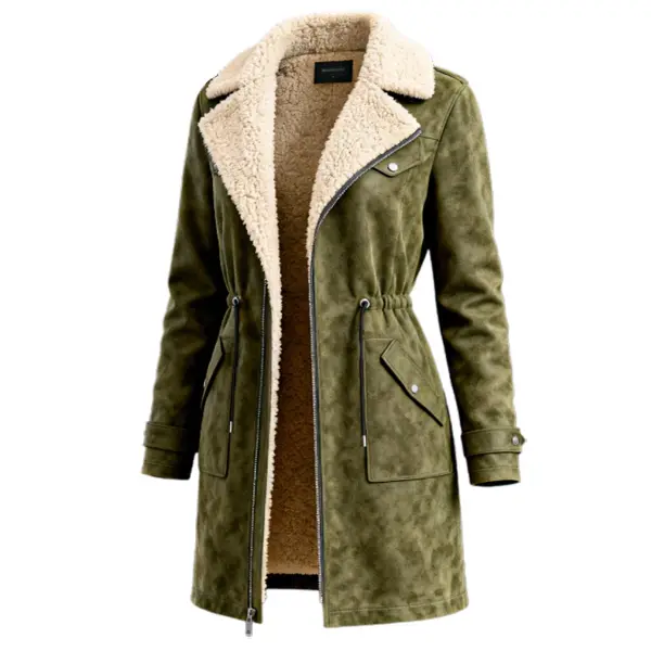 Women's Vintage Olive Green Suede Fleece Mid-Length Shearling Jacket Coat - Upgradecool.com 