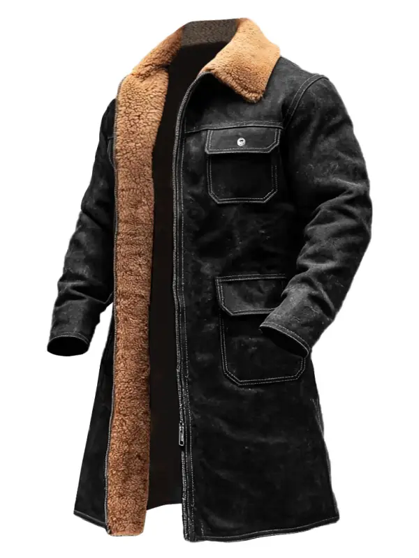 Men's Vintage Black Suede Multi-Pocket Mid-Length Lapel Jacket Shearling Coat - Simplyion.com 