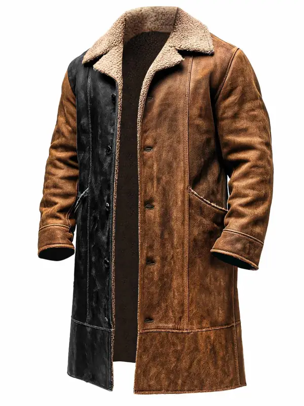 Men's Vintage Black And Brown Block Suede Fur Mid-Length Jacket Shearling Coat - Simplyion.com 