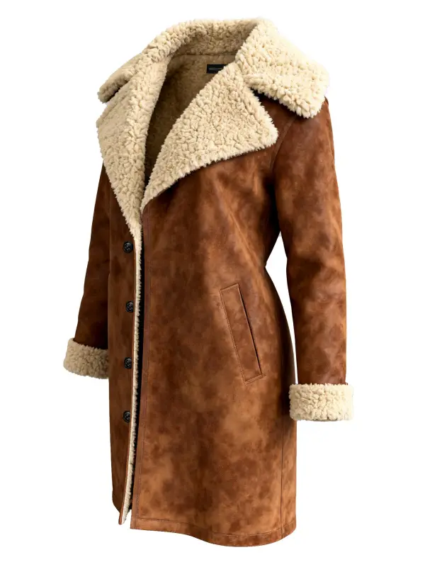 Women's Vintage Brown Suede Fleece Mid-Length Shearling Jacket Coat - Simplyion.com 