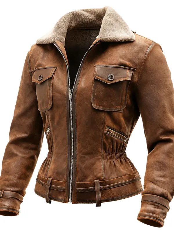 Women's Vintage Brown Leather Suede Jacket With Fleece Lining - Simplyion.com 