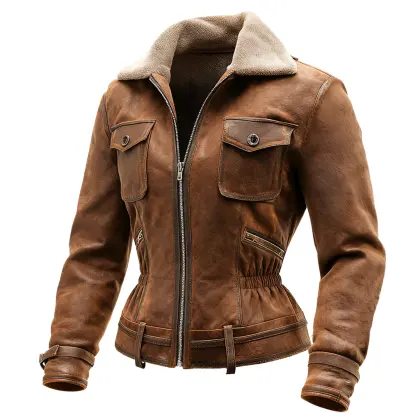 Women's Vintage Brown Leather Suede Jacket With Fleece Lining