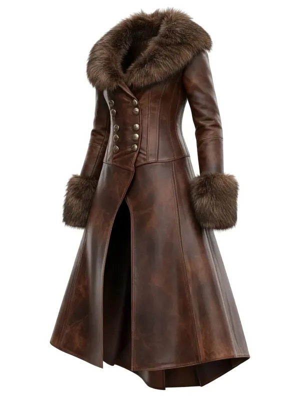 Women's Retro Style Leather Irregular Design Double-Breasted Mid-Length Coat Fur Collar Lapel Jacket Coat - Menwyx.com 