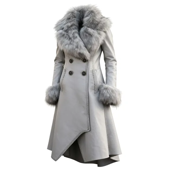 Women's Retro Style Leather Irregular Design Mid-Length Coat Fur Collar Lapel Jacket Coat - Upgradecool.com 