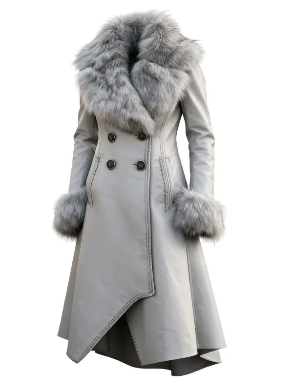Women's Retro Style Leather Irregular Design Mid-Length Coat Fur Collar Lapel Jacket Coat - Menwyx.com 
