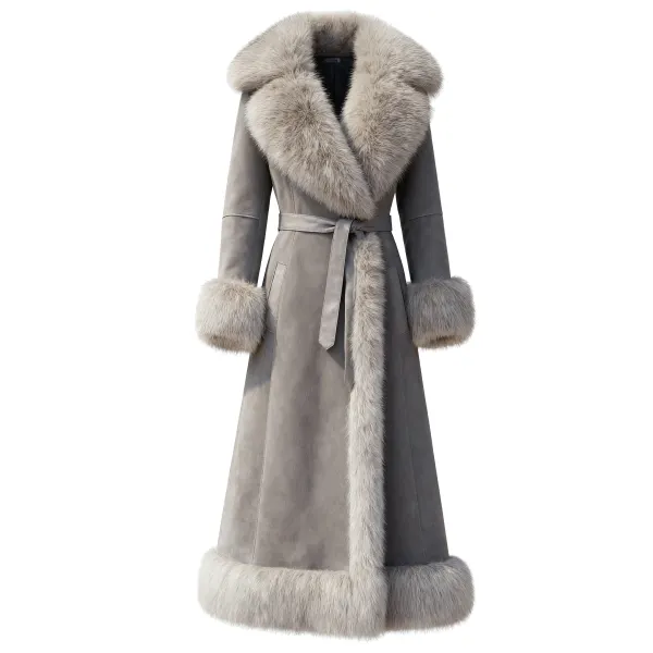 Women's Retro Western Style Suede Long Coat Fur Collar Lapel Jacket - Upgradecool.com 