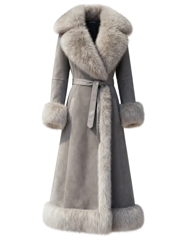 Women's Retro Western Style Suede Long Coat Fur Collar Lapel Jacket - Menwyx.com 