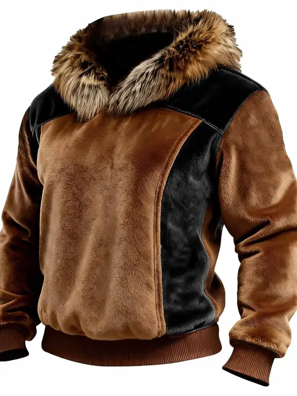 Men's Vintage Brown And Black Polar Fleece Contrast Fur Lapel Sweatshirt - Menwyx.com 