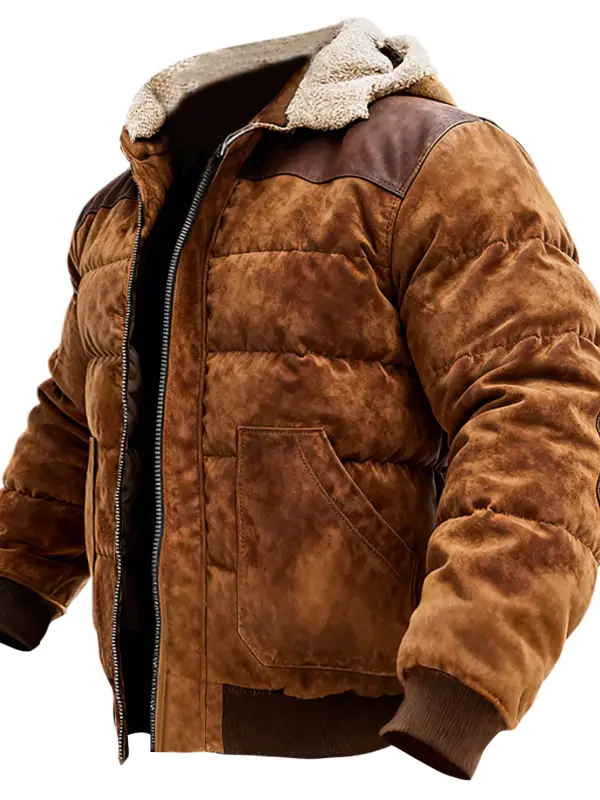 Men's Vintage Brown Quilted Suede Warm Fleece Hooded Down Jacket - Menwyx.com 