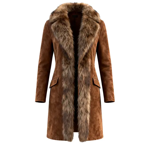 Women's Vintage Brown Suede Fur Collar Long Coat - Upgradecool.com 