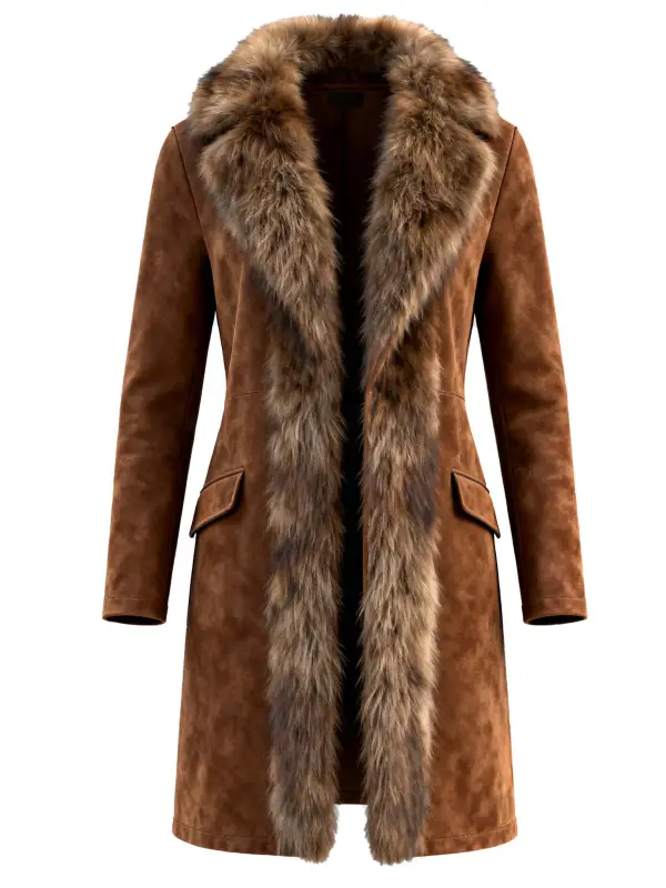 Women's Vintage Brown Suede Fur Collar Long Coat - Menwyx.com 