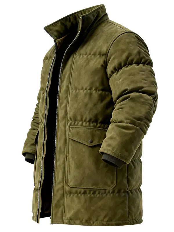 Men's Vintage Olive Green Quilted Suede Warm Stand Collar Mid-Length Down Jacket Coat - Menwyx.com 