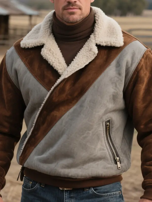 Men's Vintage Brown And Gray Shearling Jacket With Faux Suede Sleeves - Menwyx.com 