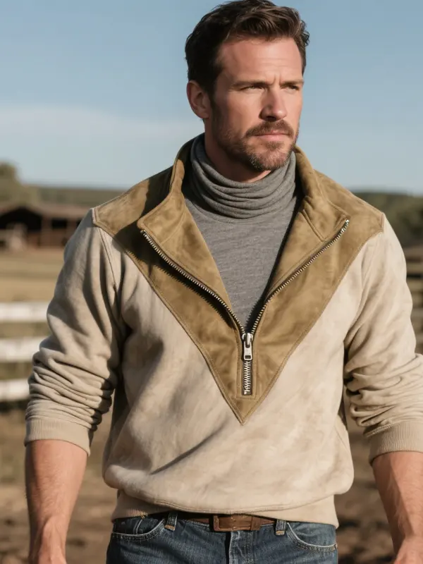 Men's Casual Beige Suede Zip-Up Sweatshirt Jacket With Turtleneck Patchwork - Menwyx.com 