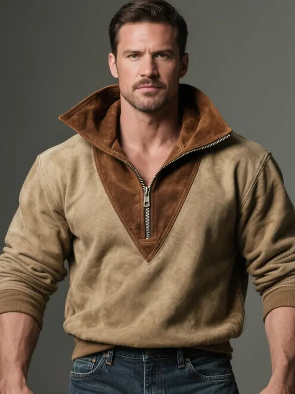Men's Vintage Suede Casual Khaki Sweatshirt With Suede Lapel Collar - Menwyx.com 