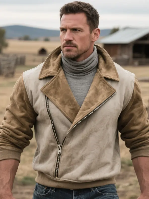 Men's Casual Autumn Style Beige Suede Sweatshirt Jacket With Zipper Lapel Collar - Menwyx.com 