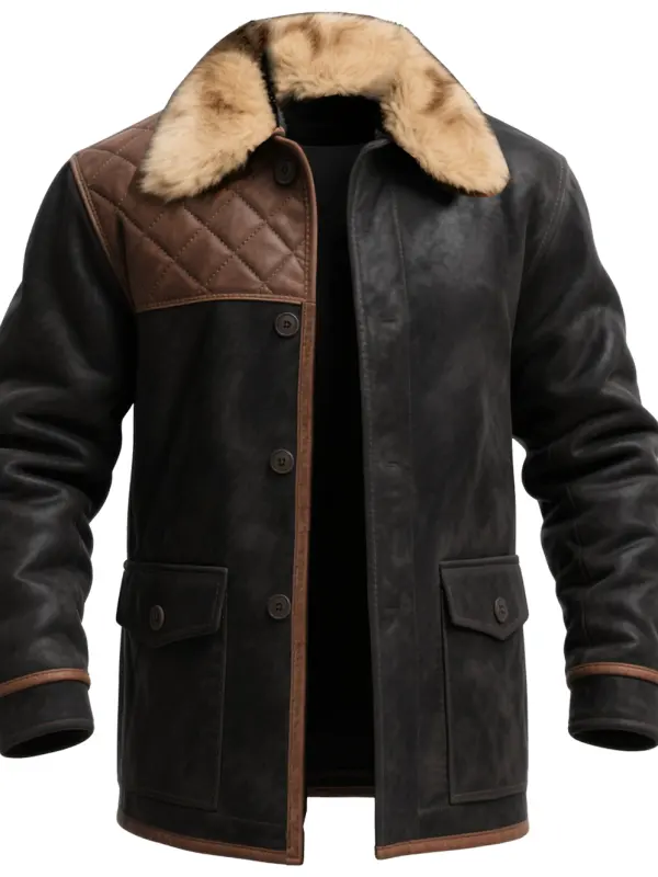 Men's Vintage Classic Suede Jacket With Fur Collar And Quilted Leather Panels - Menwyx.com 