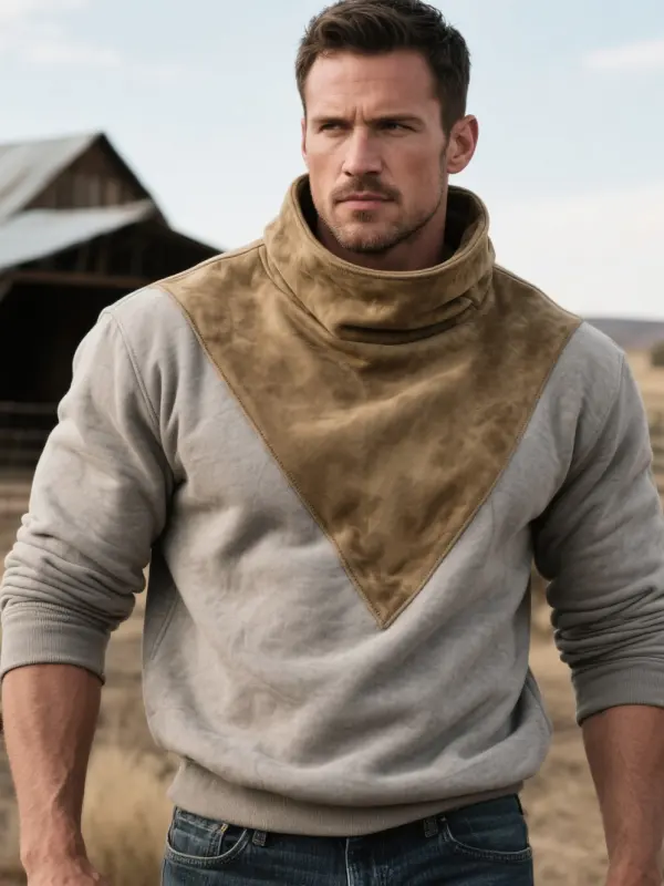 Men's Rustic Elegance High-Neck Sweatshirt With Suede Patch - Menwyx.com 
