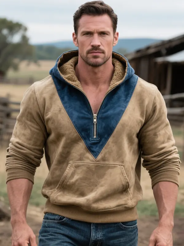 Men's Casual Suede Khaki Hoodie With Fleece Neck - Menwyx.com 