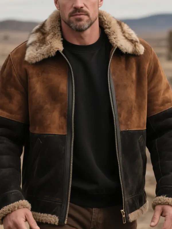 Men's Vintage Brown Shearling Jacket With Fur Collar - Menwyx.com 