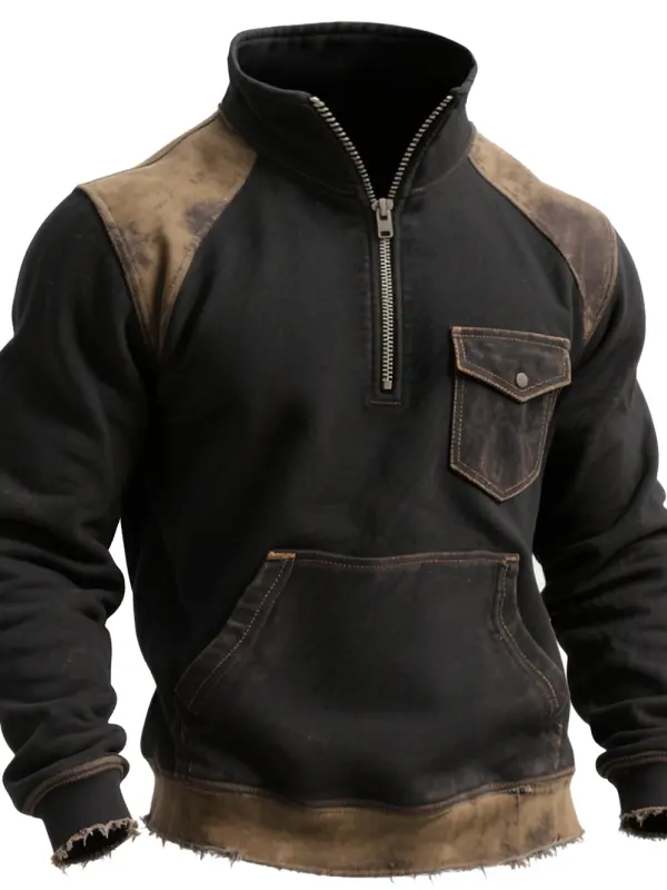 Men's Worn Black And Brown Half-Zip Sweatshirt With Pockets - Menwyx.com 