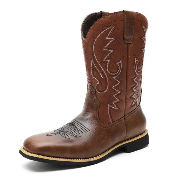 Men's Vintage Western Cowboy High-Top Embroidered Sleeve Wide-Toe Boots - Upgradecool.com 