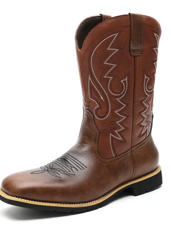 Men's Vintage Western Cowboy High-Top Embroidered Sleeve Wide-Toe Boots - Menwyx.com 