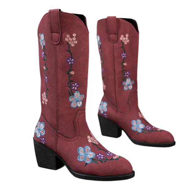 Women's Western Cowgirl Leather Floral Embroidered Mid-calf Solid Color Thick Heel Knight Boots - Upgradecool.com 