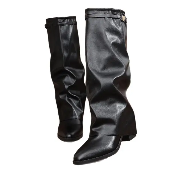 Women's Western Cowgirl Leather Pointed Toe Pleated Block Heel Sleeve High Heel Boots - Upgradecool.com 