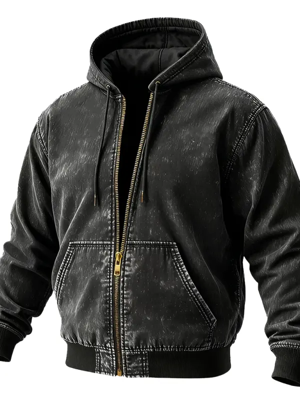 Men's Vintage Waxed Black Leather Hooded Jacket - Menwyx.com 