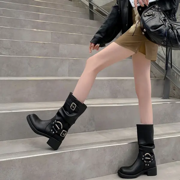 Stylish Buckle-Strap Mid-Calf Boots For Women - Perfect For Casual And Outdoor Adventures - Upgradecool.com 