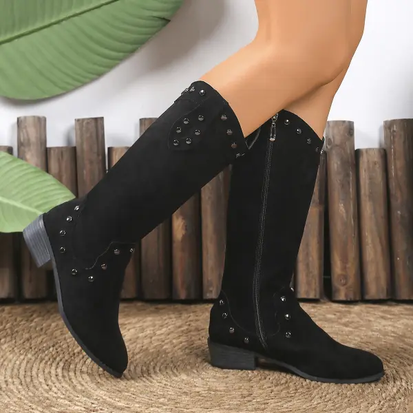 Stylish Rivet-Embellished Mid-Calf Boots For Women - Perfect For Casual And Fashionable Looks - Upgradecool.com 