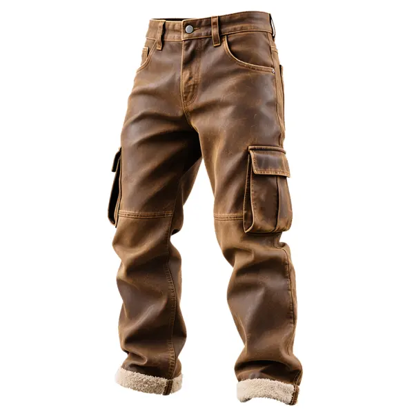 Men's Vintage Brown Leather Cargo Trousers With Fleece Lining - Upgradecool.com 
