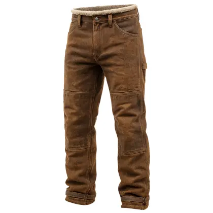 Men's Vintage Warm Brown Cargo Pants With Fleece Lining
