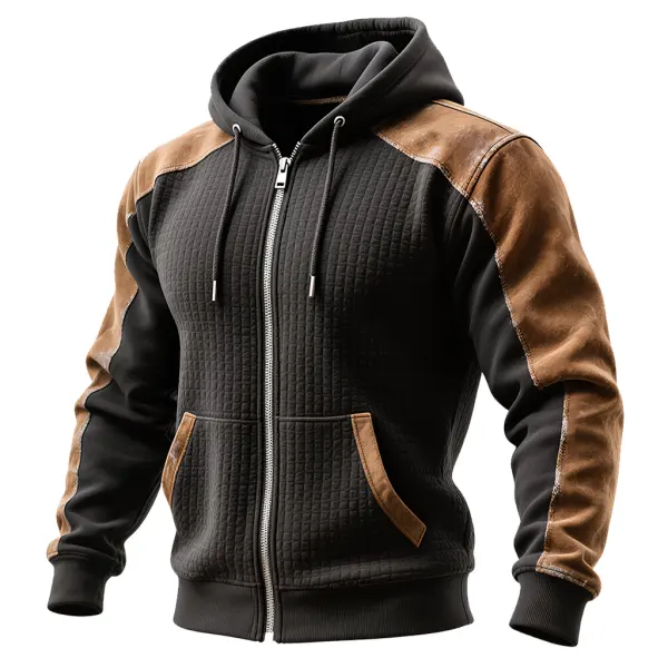 Men's Vintage Black And Brown Quilted Hoodie With Contrast Sleeves - Wayrates.com 