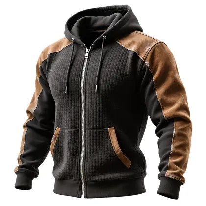 Men's Vintage Black And Brown Quilted Hoodie With Contrast Sleeves