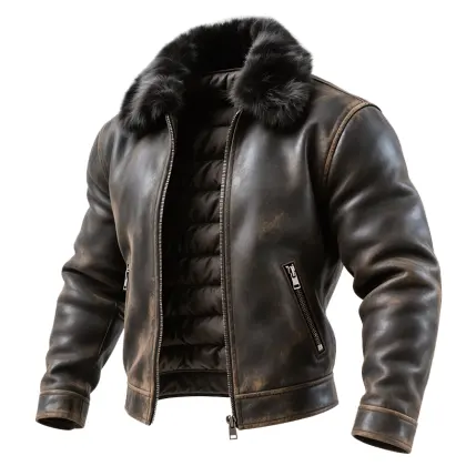 Men's Outdoor Cycling Vintage Brown Leather Jacket With Fur Collar