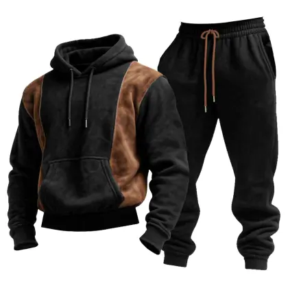 Men's Vintage Black Brown Suede Color Block Hoodie And Sweatpants Set