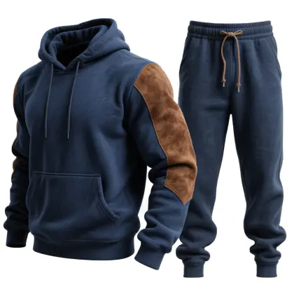 Men's Vintage Navy Blue Stitching Brown Suede Pocket Hoodie And Sweatpants Jogger Set